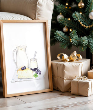 Illustration of dairy products with blueberries on polka dot cloth