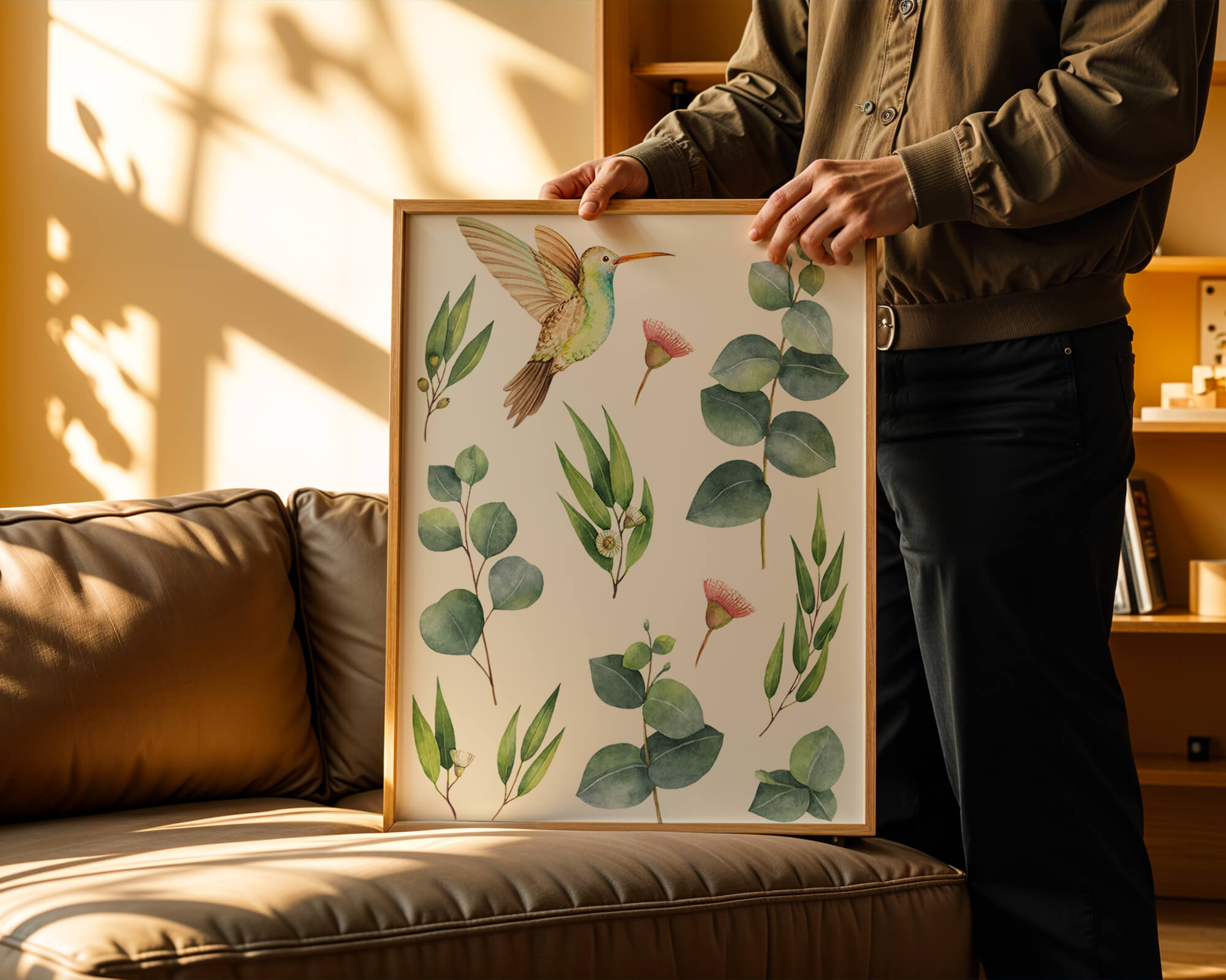 Watercolor hummingbird and eucalyptus leaves illustration