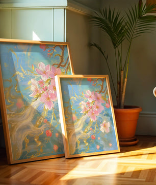 Beautiful Cherry Blossom Branch with Golden Highlights on a Soft Blue Background - Mi tienda