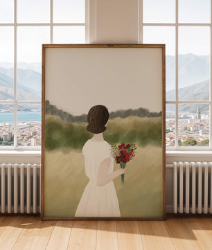 Woman in White Dress Holding Bouquet Facing Nature