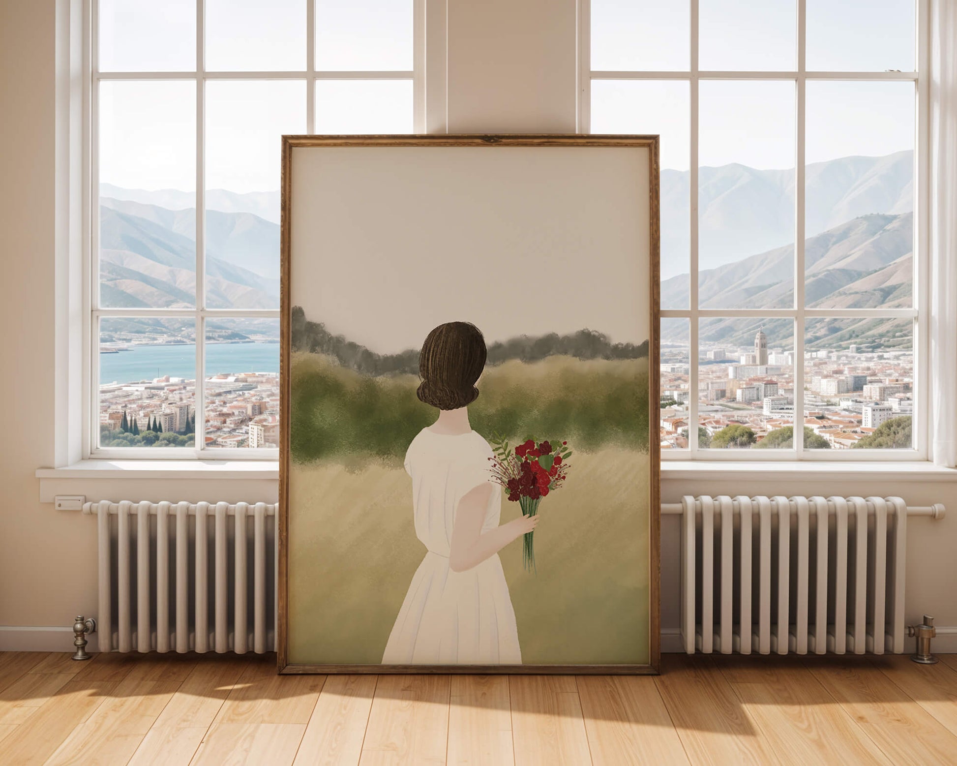 Woman in White Dress Holding Bouquet Facing Nature