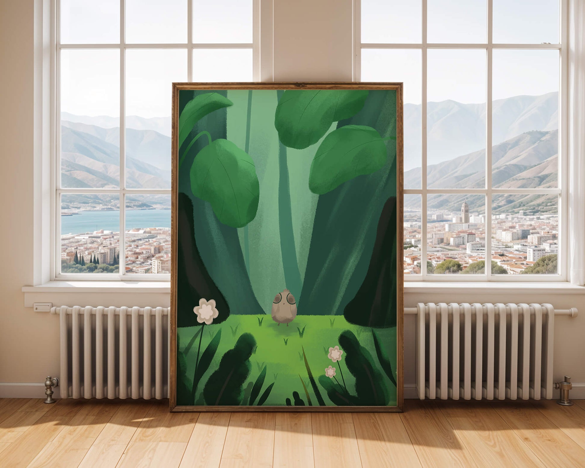 Scène de forêt enchantée avec un petit oiseau au milieu d'une verdure luxuriante