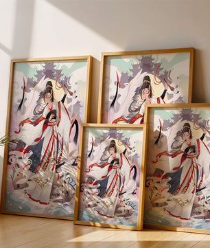 Elegant Asian Artistry with a Crane and Traditional Attire