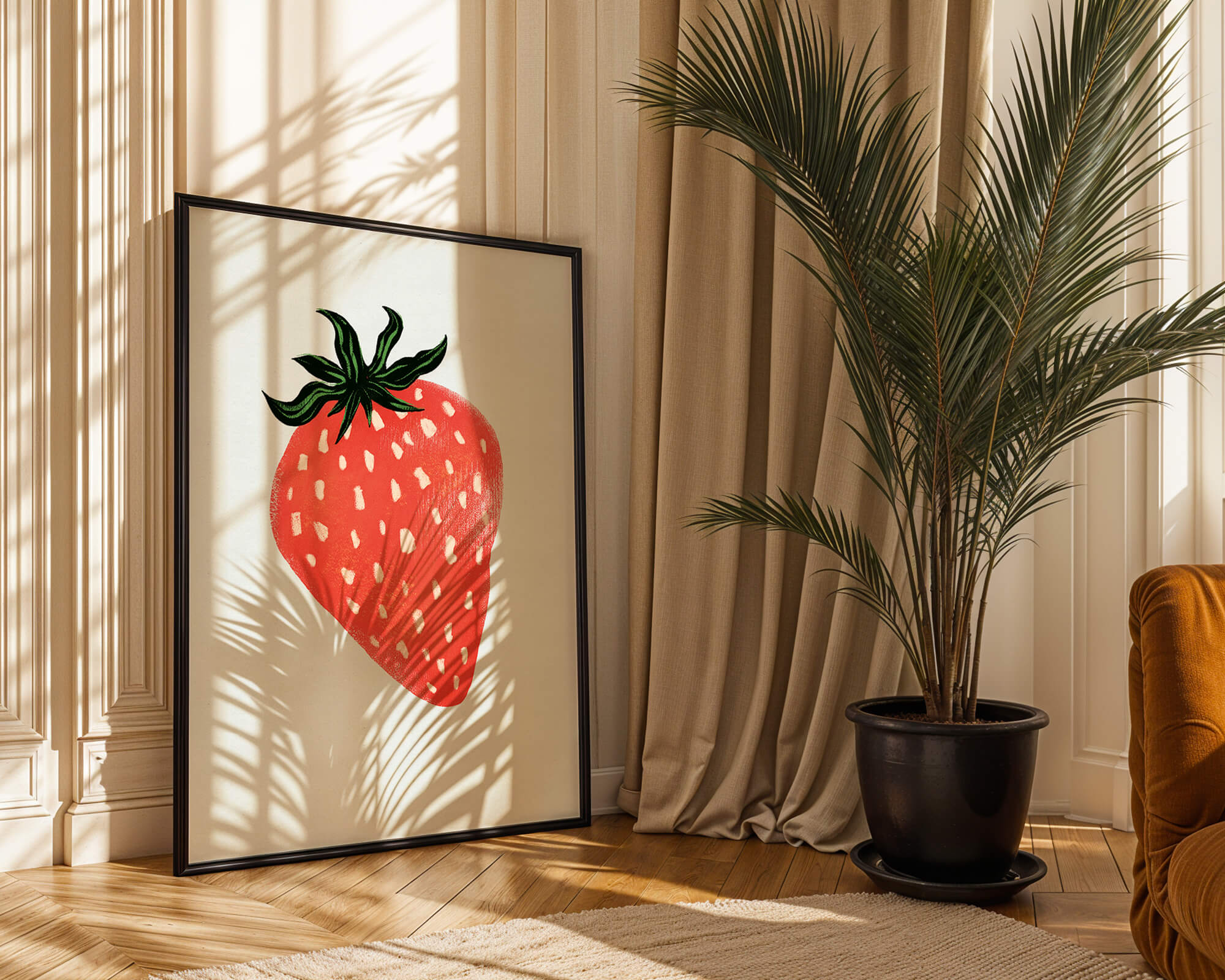 Illustrative design of a vibrant red strawberry with green leaves