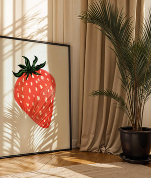 Illustrative design of a vibrant red strawberry with green leaves