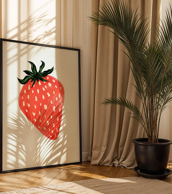 Illustrative design of a vibrant red strawberry with green leaves