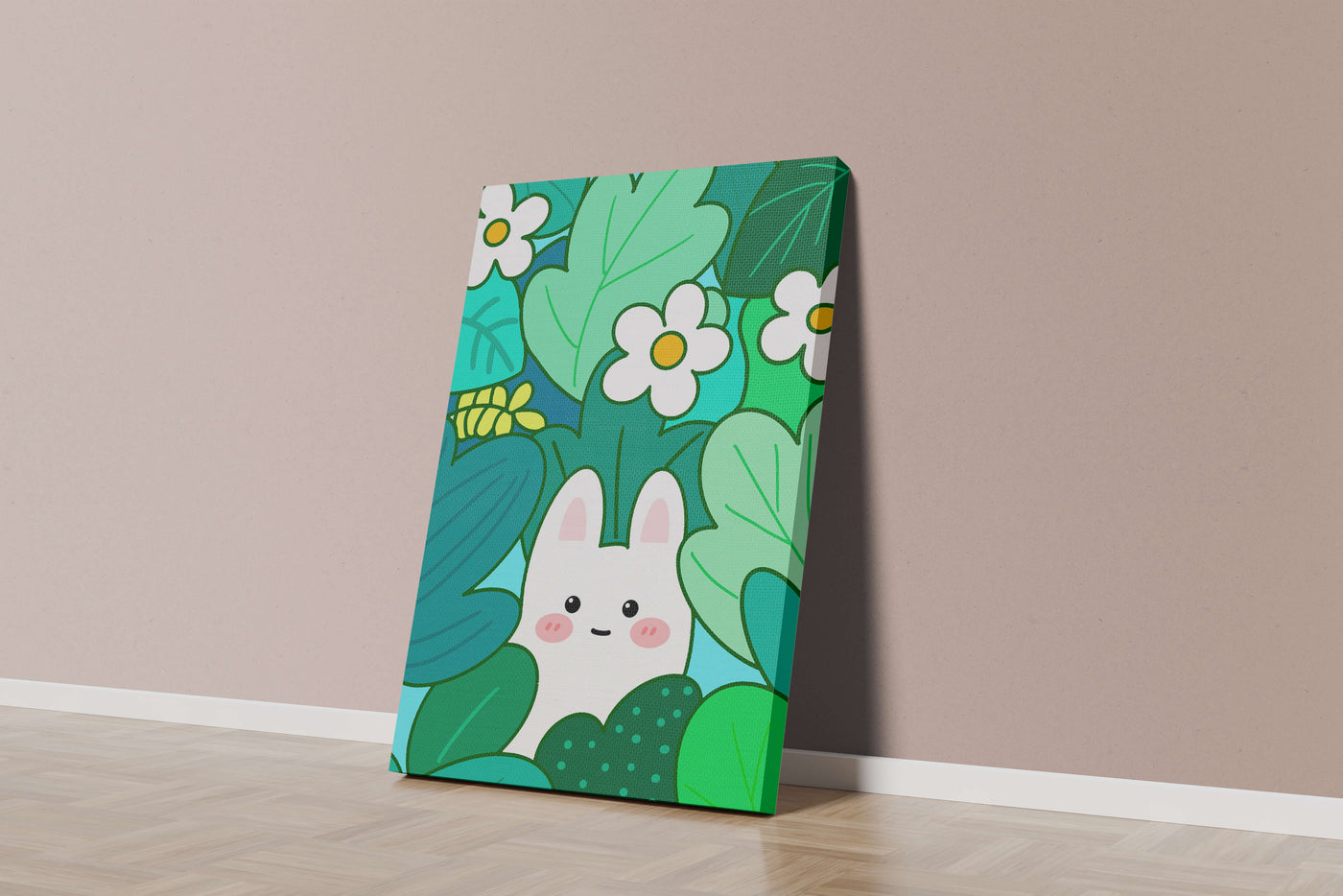 Illustration of a cute rabbit hidden among flowers and greenery