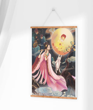 Traditional Asian Art with Flute Player and Moon Rabbit