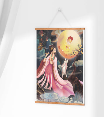 Traditional Asian Art with Flute Player and Moon Rabbit