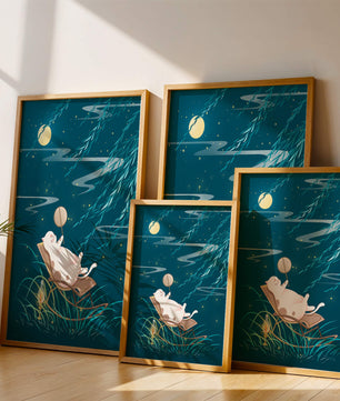 Adorable ilustración de un gato relajándose en un jardín iluminado por la luna con linterna