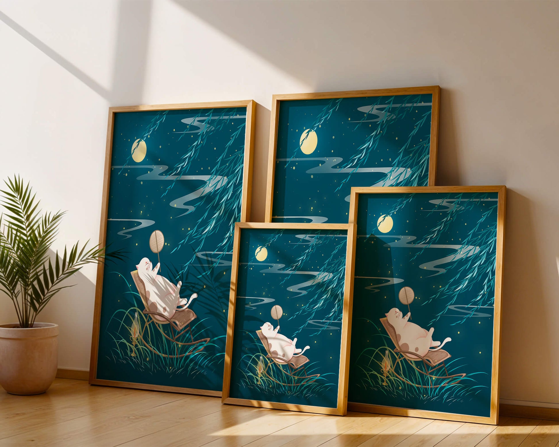Adorable ilustración de un gato relajándose en un jardín iluminado por la luna con linterna