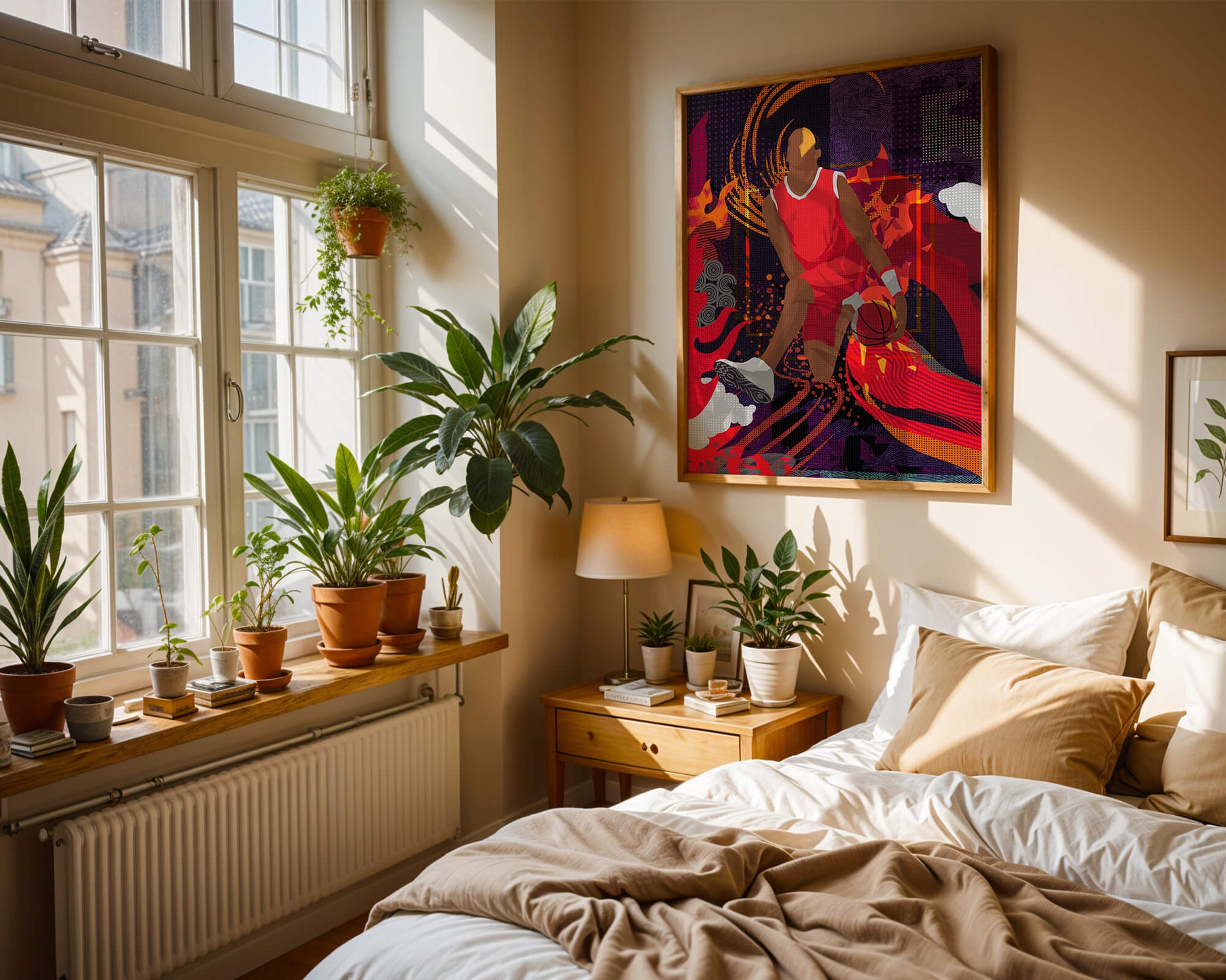 Dynamic illustration of a basketball player in motion with abstract patterns