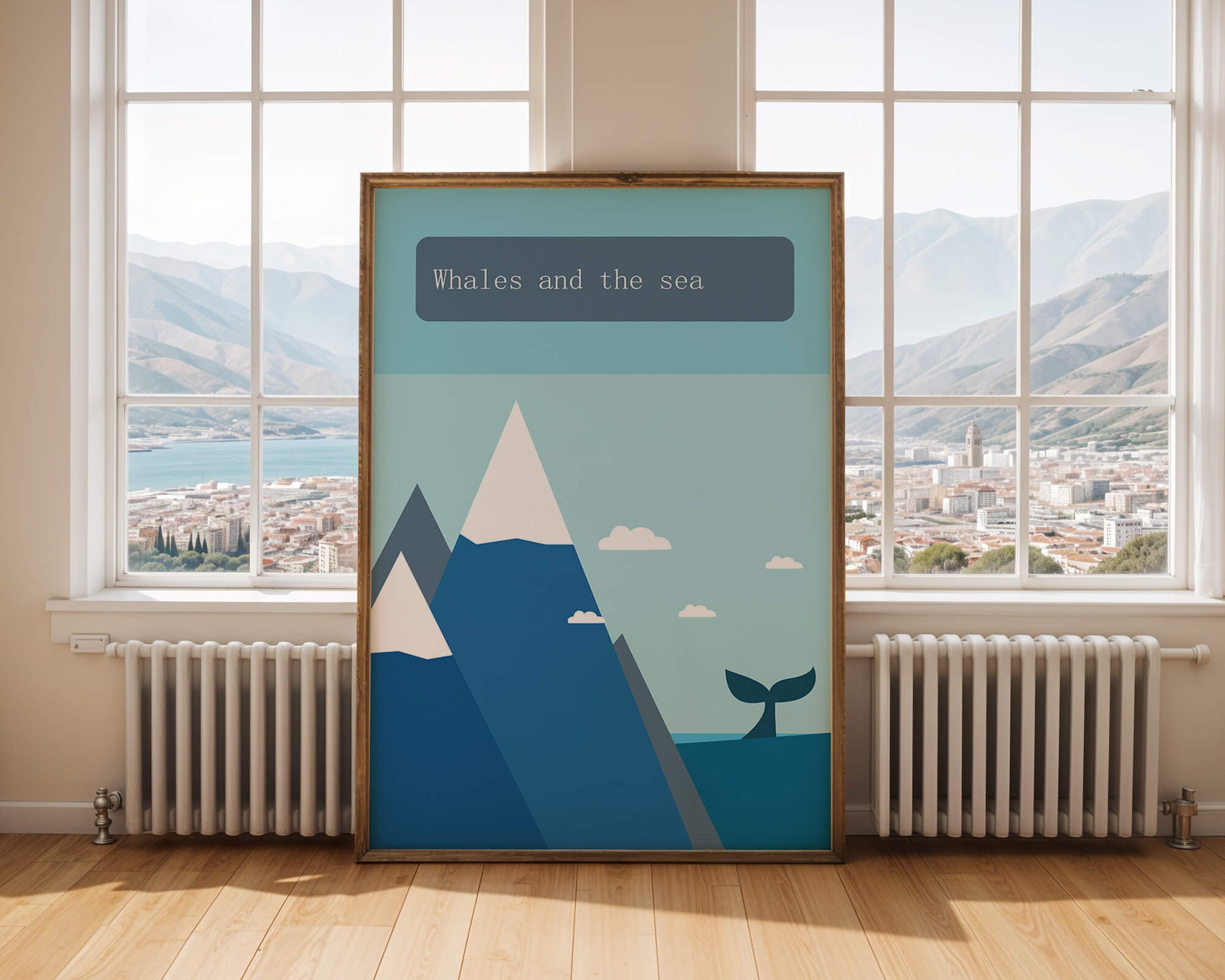 Whale and mountain illustration with sea and sky background