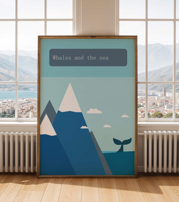 Whale and mountain illustration with sea and sky background