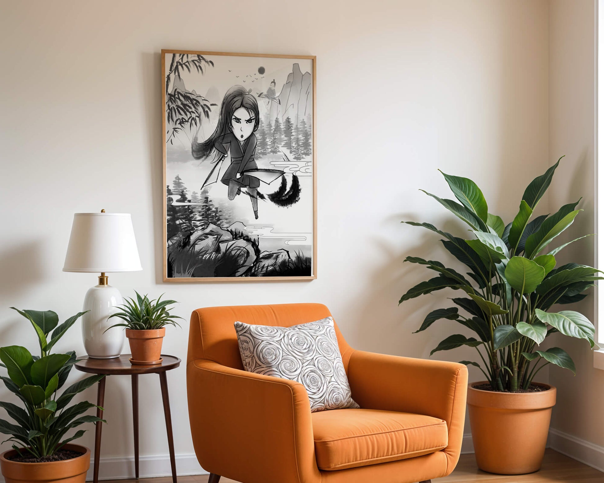 Warrior In A Mystical Landscape With Mountains And Rivers