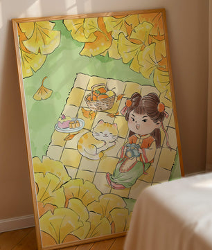 Charming autumn picnic scene with girl and cat surrounded by ginkgo leaves