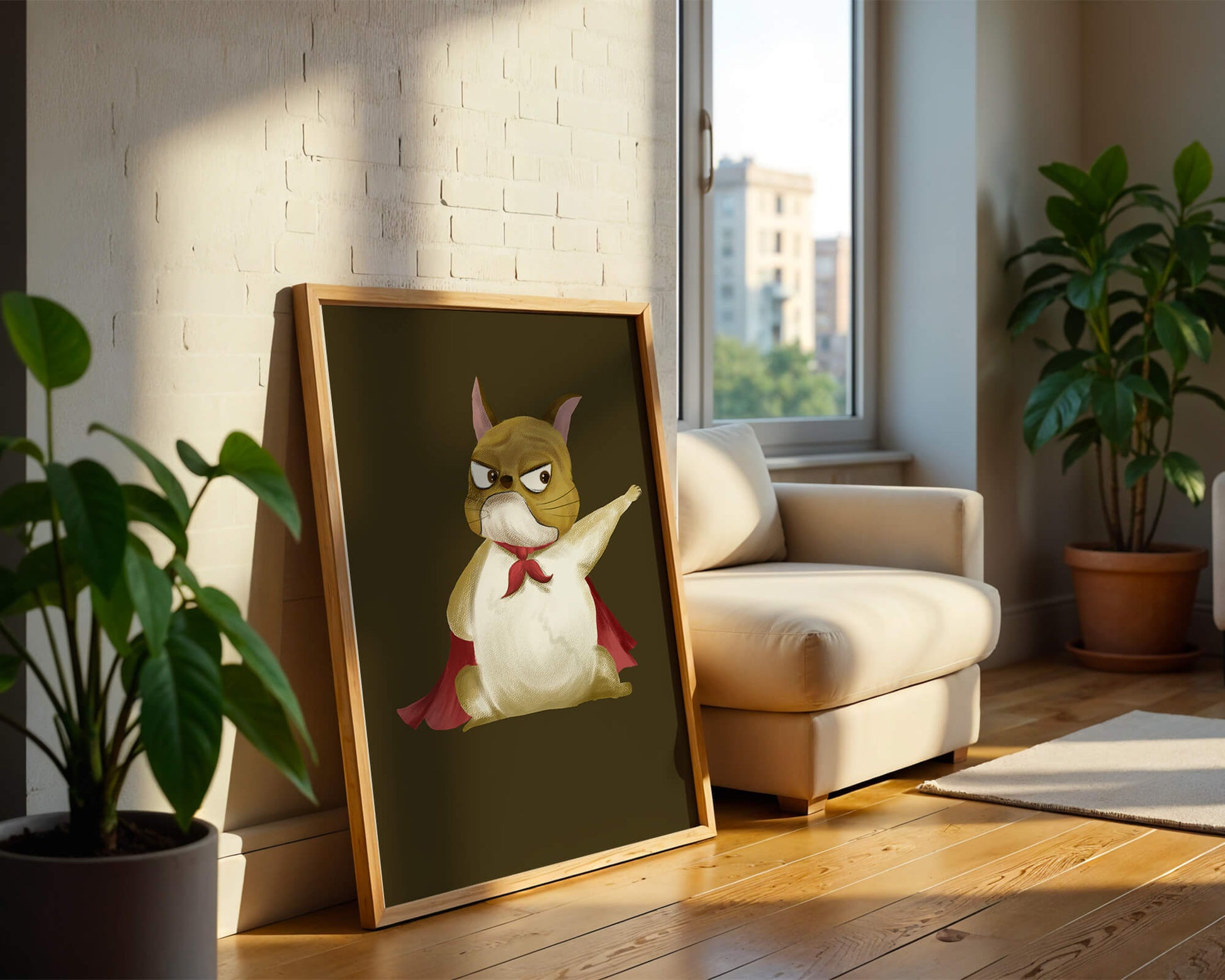 Cartoon superhero dog with red cape illustrating playful strength