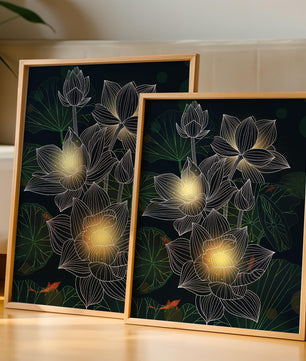 Lotus Flowers with Glowing Accents and Koi Fish Underwater