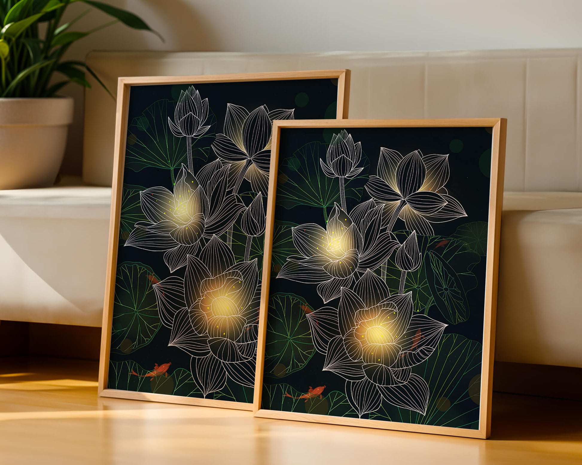 Flores de loto con detalles luminosos y peces koi bajo el agua
