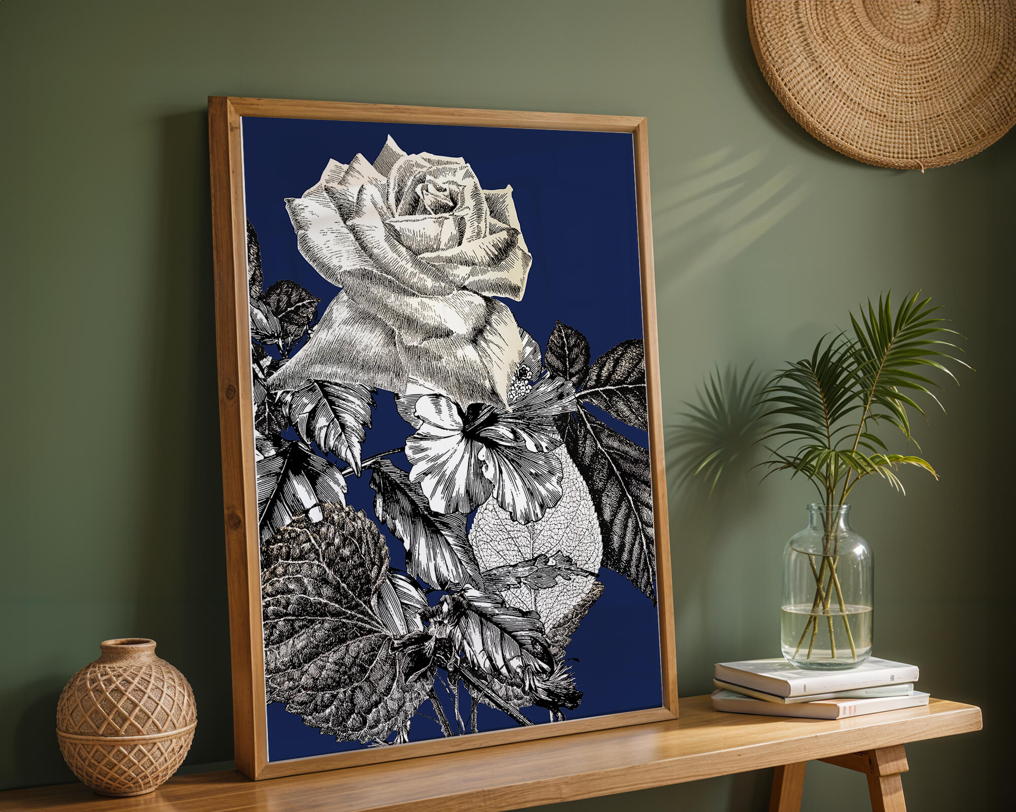 Intricate botanical illustration of roses and foliage on a deep blue background