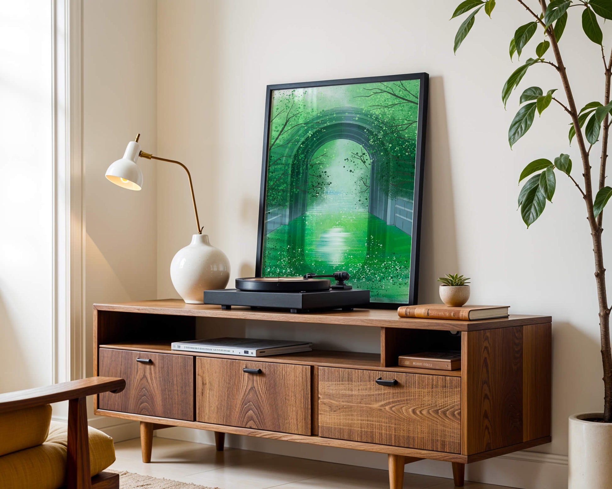 A serene green garden tunnel with reflective water