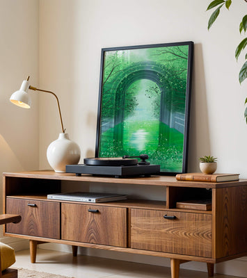 A serene green garden tunnel with reflective water