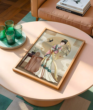Elegante traditionelle asiatische Dame in klassischer Kleidung mit Naturelementen
