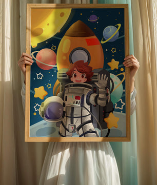 Young Astronaut with Rocket and Planets in Space Adventure
