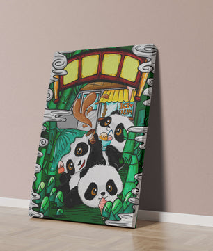Ilustración de pandas encantadores disfrutando de helado bajo un puente de bambú