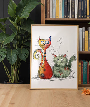 Ilustración artística colorida de dos gatos juguetones sobre fondo blanco