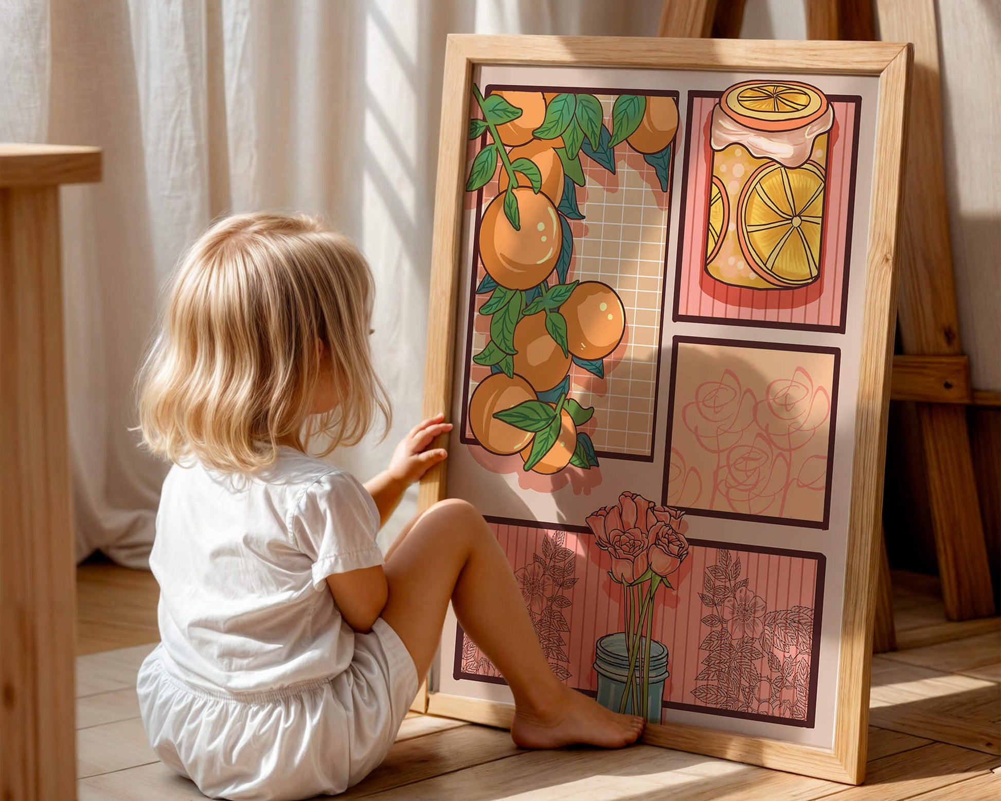 Composición artística con naranjas, frasco de rodajas de limón y rosas sobre fondo geométrico