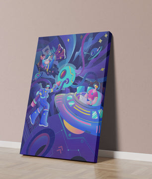 Futuristic Space Adventure Illustration with Robots and Technology