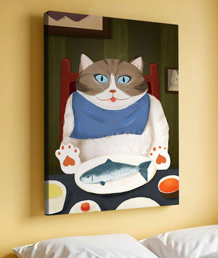 Ilustración de un gato comiendo con pescado y babero azul