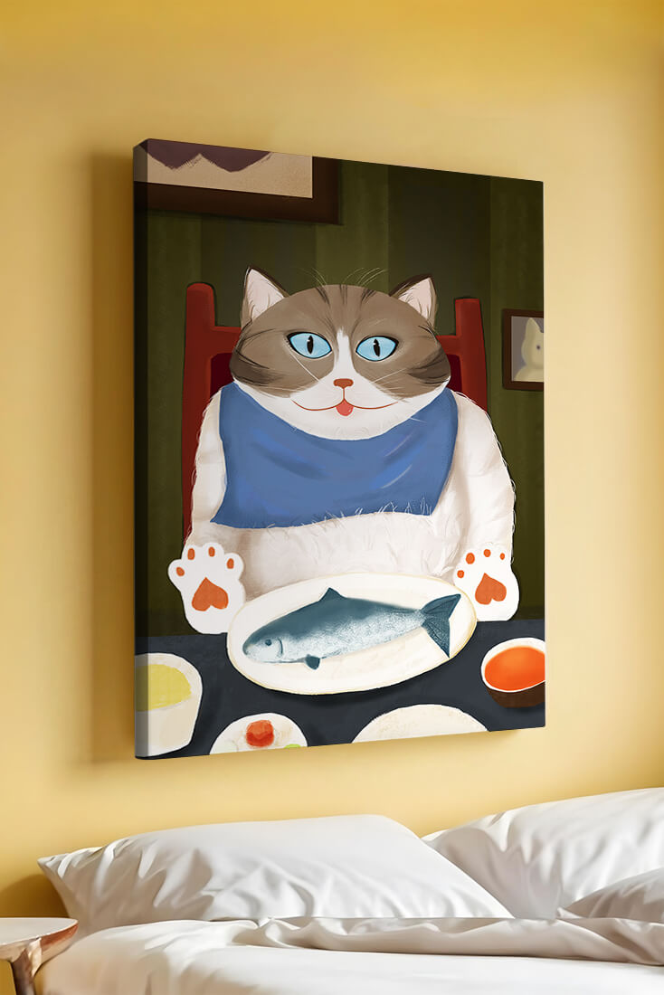 Ilustración de un gato comiendo con pescado y babero azul