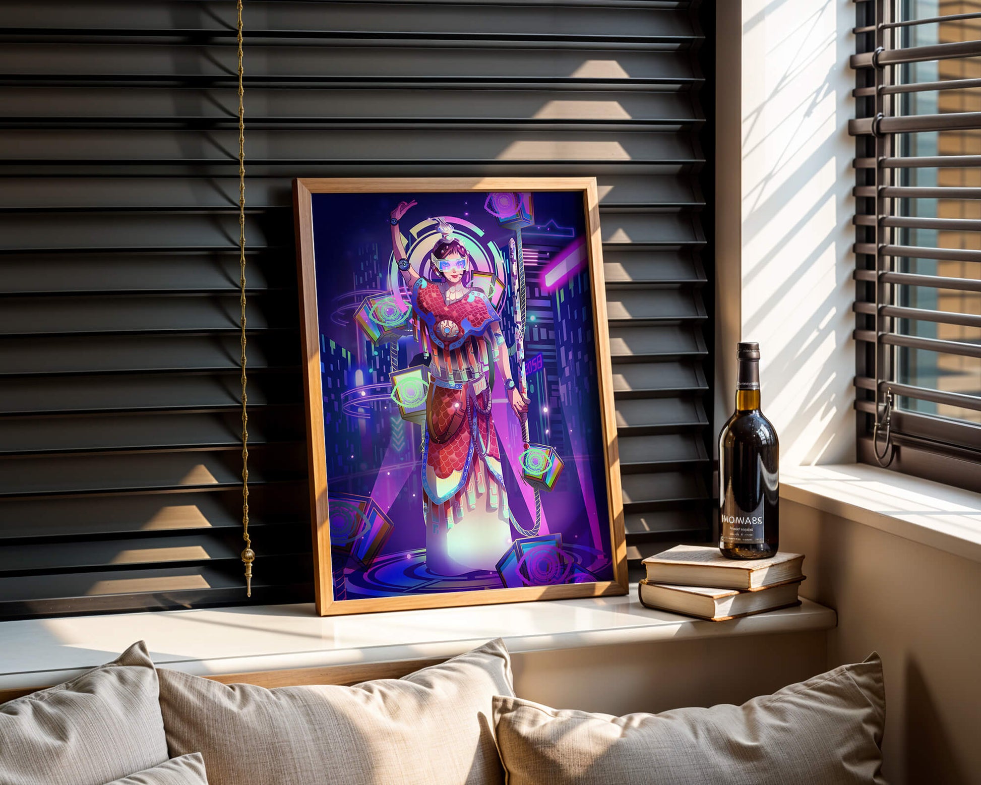 Futuristic warrior in vibrant neon cityscape with digital elements