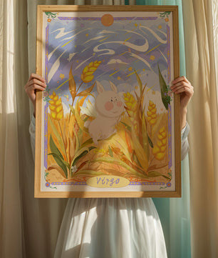 Cute Bunny in Wheat Field with Virgo Zodiac Theme