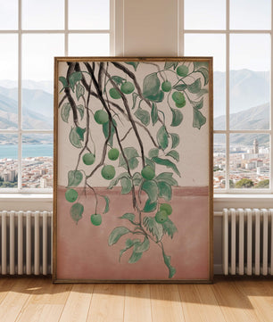 Branches With Green Apples And Leaves Over Pink Background