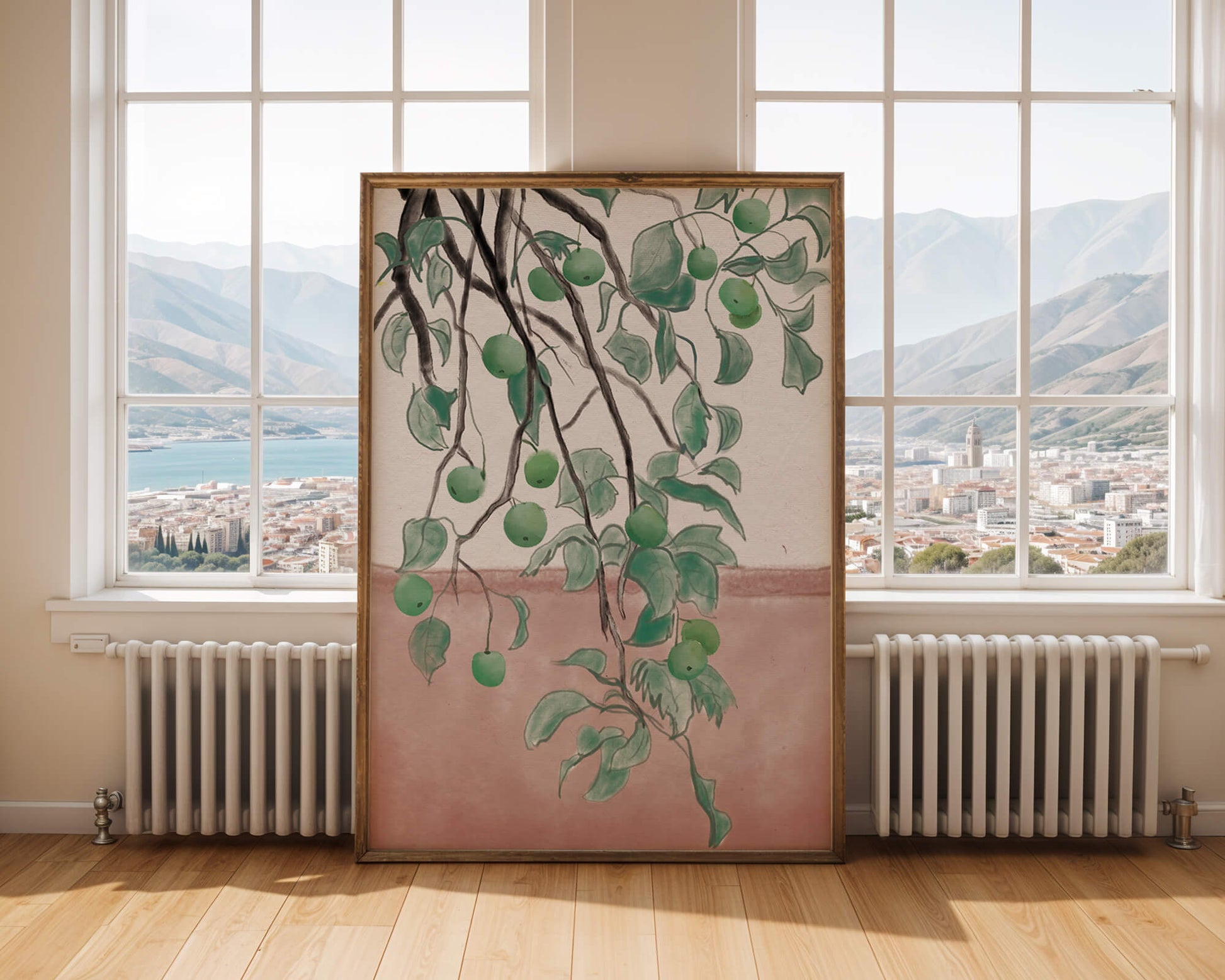 Branches With Green Apples And Leaves Over Pink Background
