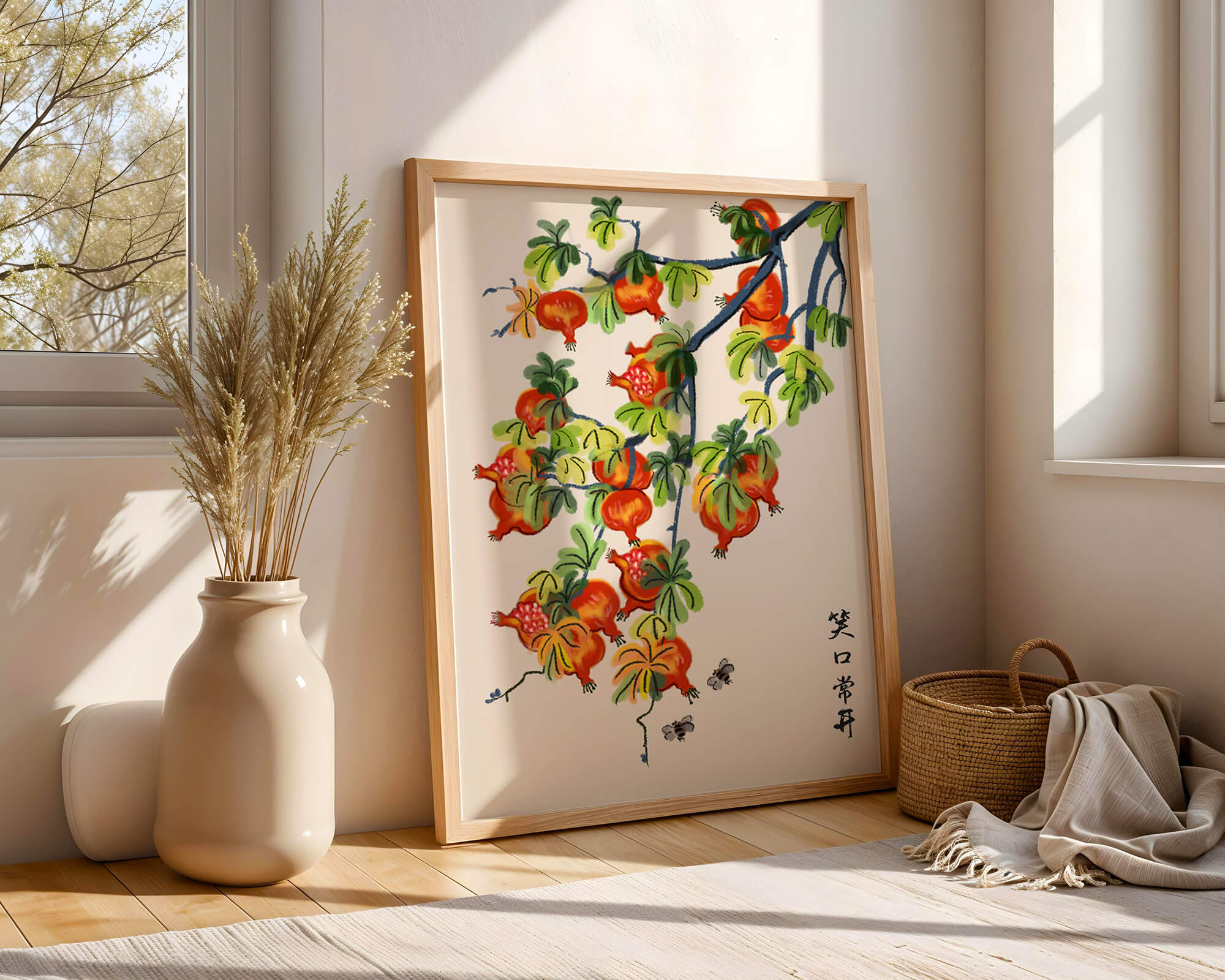 Artistic illustration of vibrant pomegranates on a branch with Asian aesthetic