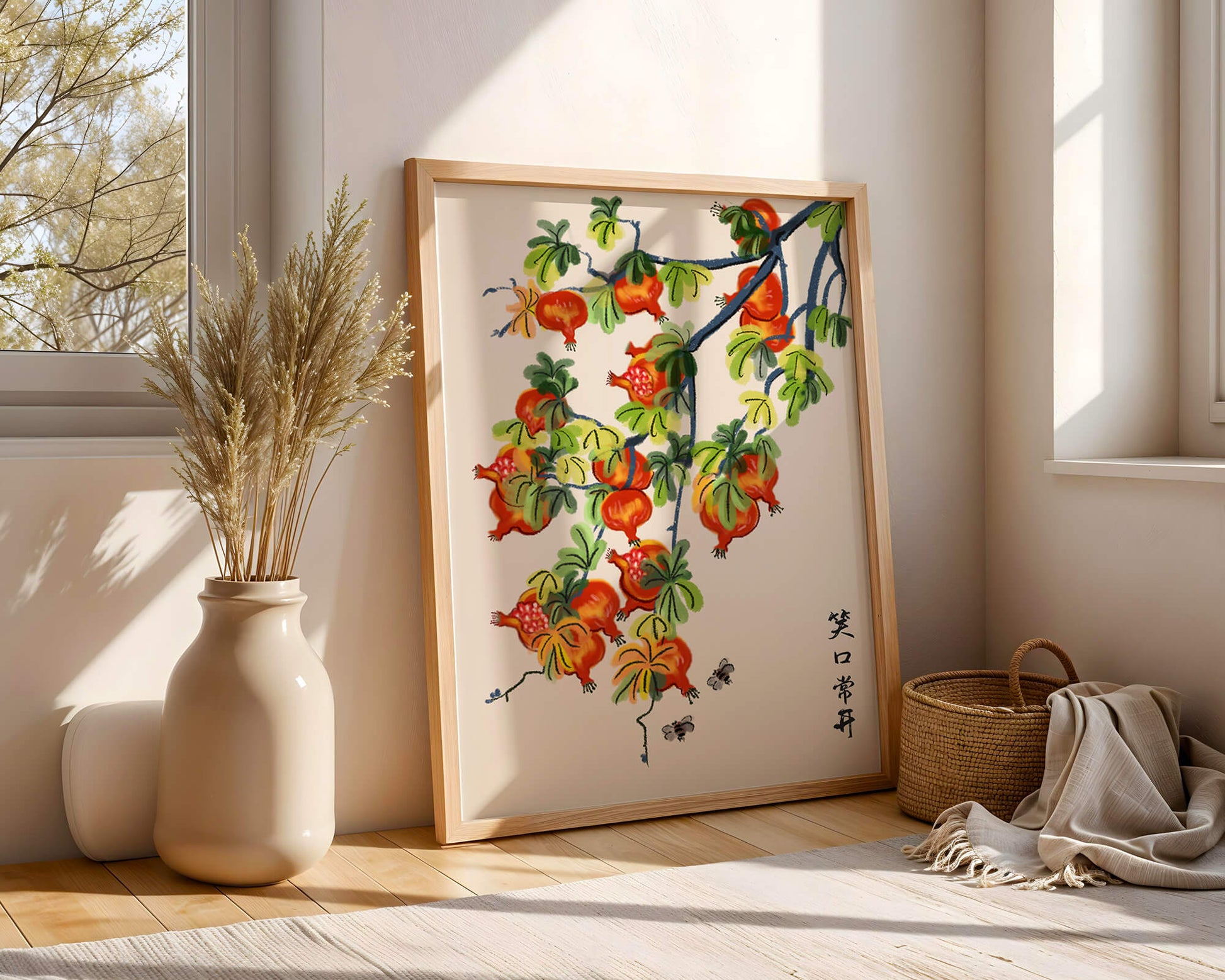 Artistic illustration of vibrant pomegranates on a branch with Asian aesthetic