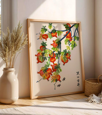 Artistic illustration of vibrant pomegranates on a branch with Asian aesthetic
