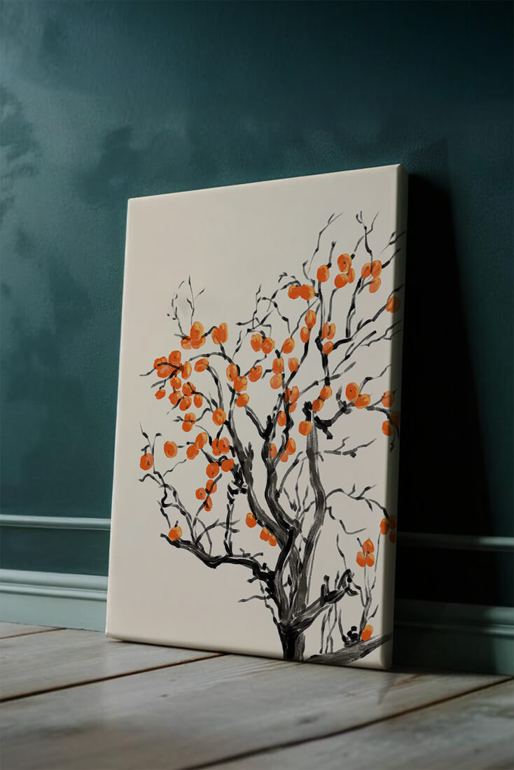 Elegant watercolor tree with vibrant orange fruit