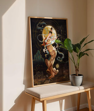 Elegant celestial dancer with gold elements in an ethereal fantasy scene