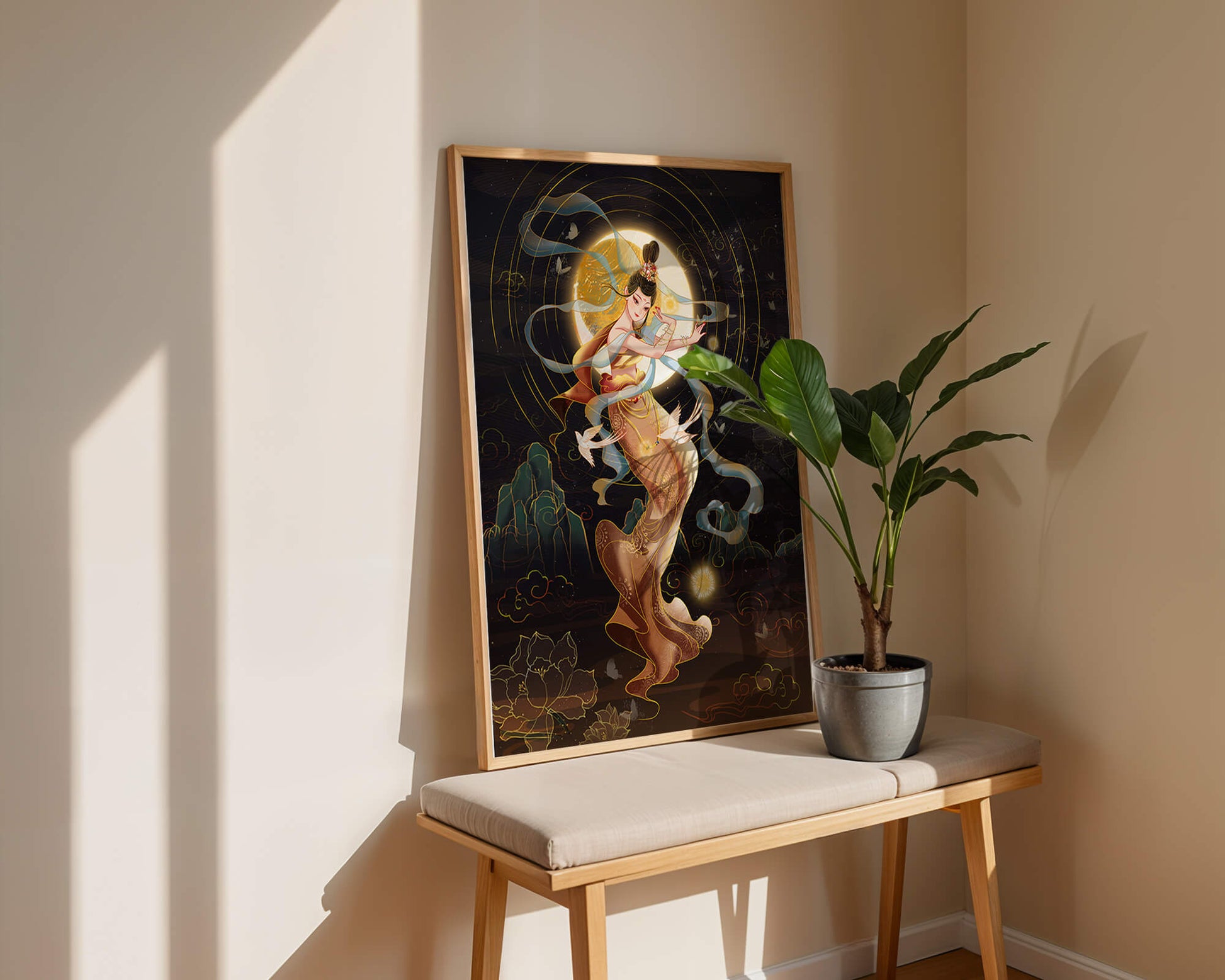 Elegant celestial dancer with gold elements in an ethereal fantasy scene