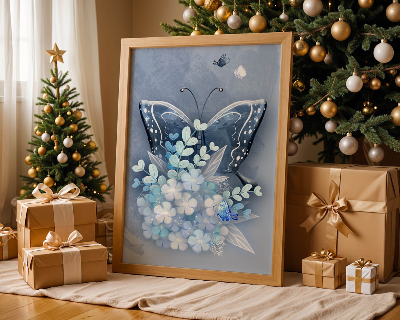 Floral and butterfly digital artwork in calming blue shades