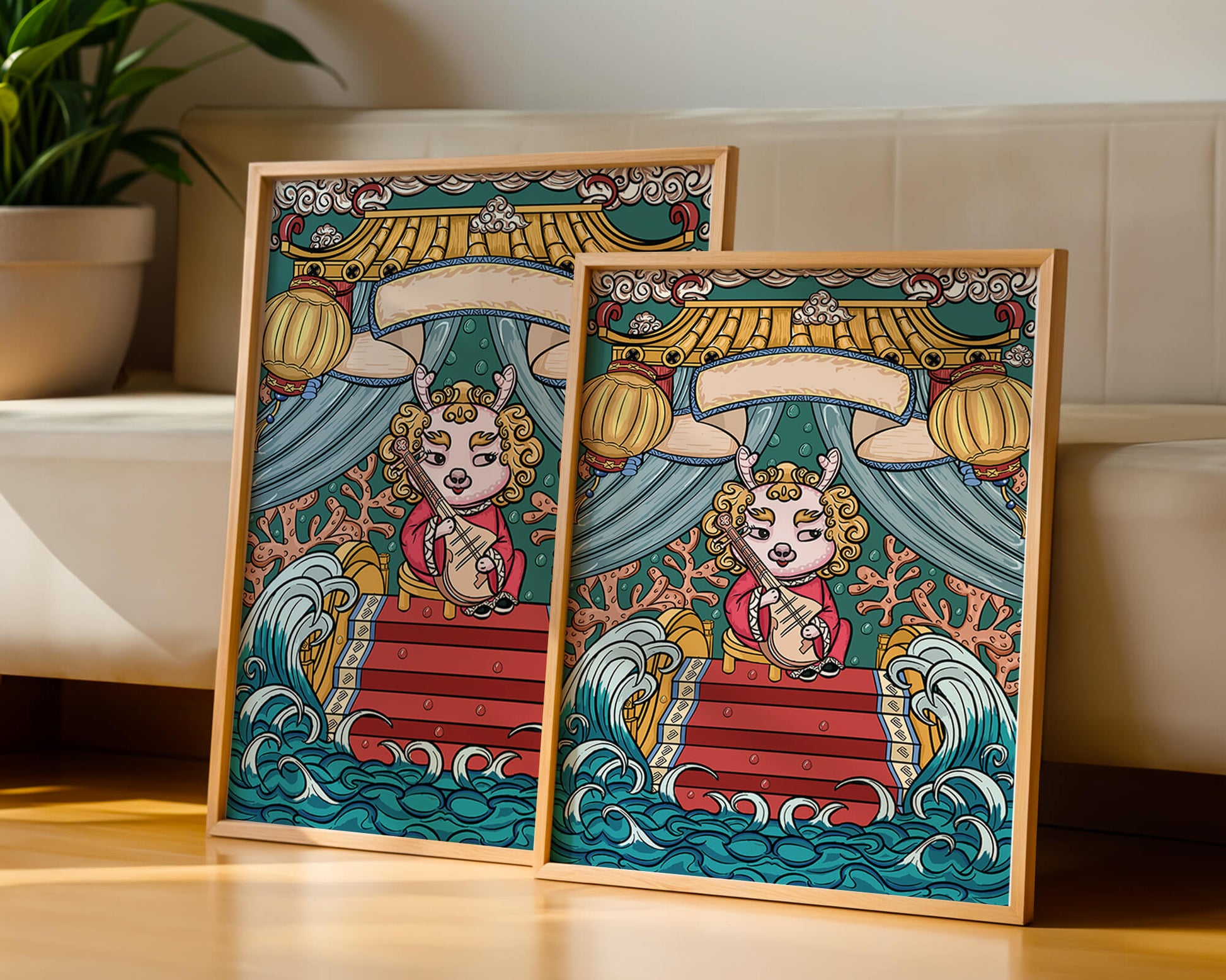 Illustration of a whimsical animal playing a stringed instrument in a fantastical setting