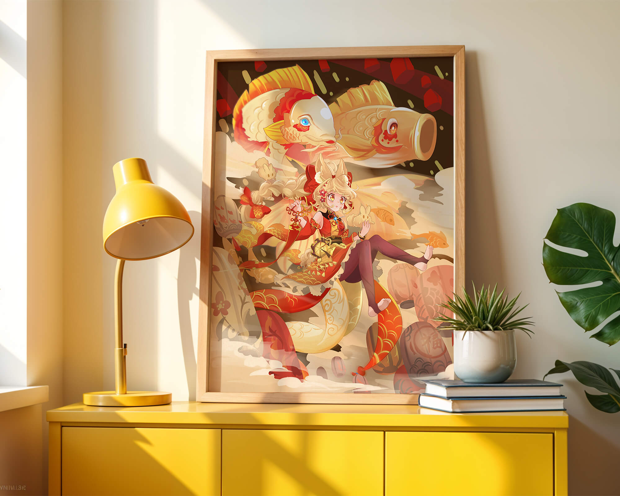 Vibrant anime character with mythical koi fishes and lanterns in dynamic scene