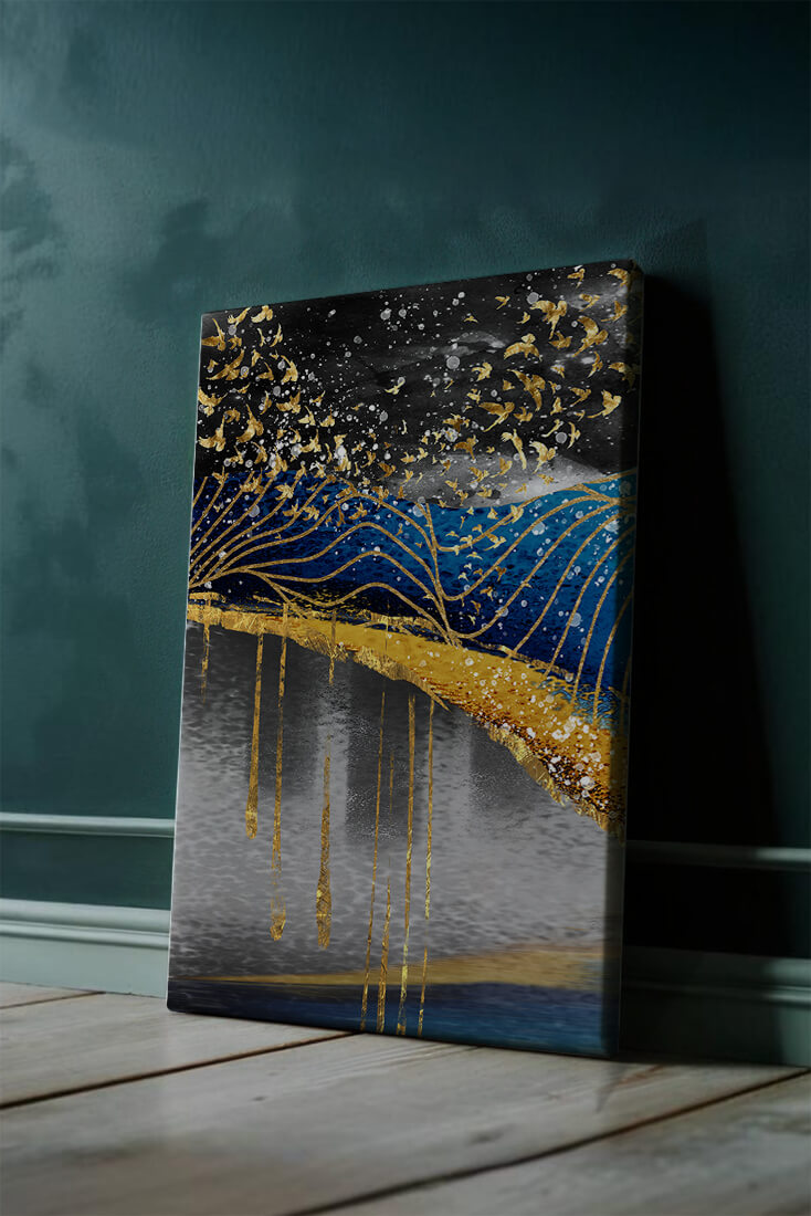 Abstract Night Sky With Golden Birds And Waves
