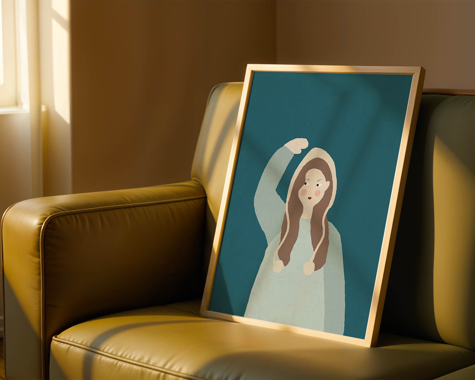 Illustrated girl with hoodie on teal background
