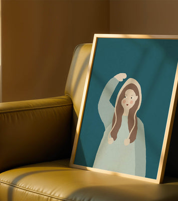 Illustrated girl with hoodie on teal background